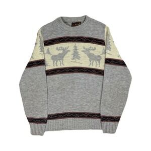 Vtg Y2K Alps wool blend grey moose graphic distressed knit sweater men's medium
